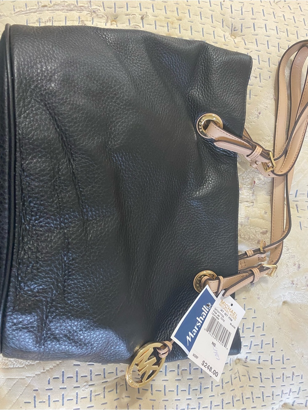 Michael Kors Black Pebbled Leather Shoulder Bag with Nude Trim and Gold Hardware